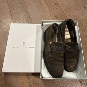 Brunello Cucinelli SS24 Brown Suede Penny Loafers with Monili Size 38 IT/7.5 US